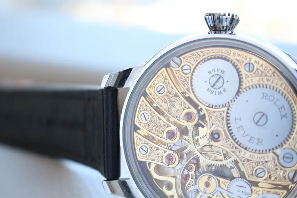 1920's Custom Wristwatch Using Rolex Pocket Watch Movement Fully Engraved "Couple Carp"
